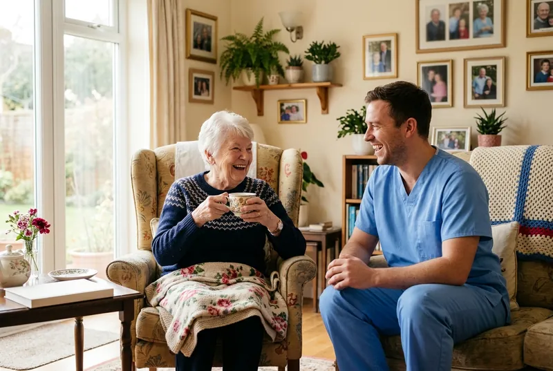 A caregiver in blue scrubs shares a laugh with an older woman holding a cup of tea.